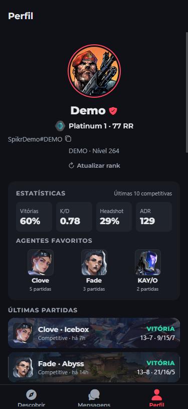 Perfil com rank, estatísticas das últimas competitivas, agentes favoritos e últimas partidas
